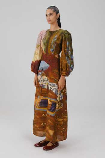 Cord_Multi Color Linen Round Neck Euro Lakeside Print Long Dress _Online_at_Aza_Fashions