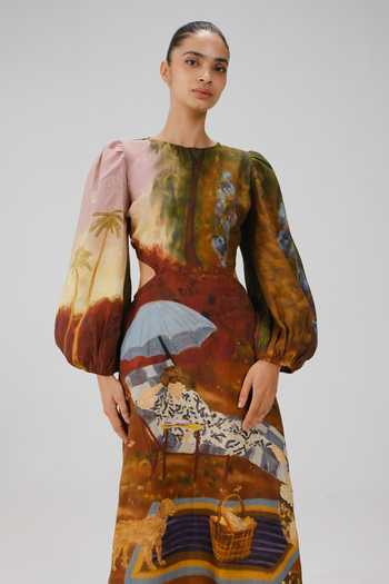 Buy_Cord_Multi Color Linen Round Neck Euro Lakeside Print Long Dress _Online_at_Aza_Fashions