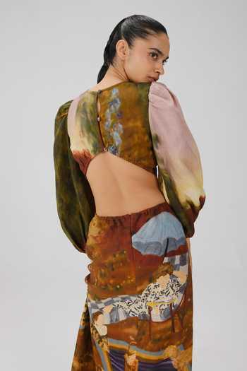 Shop_Cord_Multi Color Linen Round Neck Euro Lakeside Print Long Dress _Online_at_Aza_Fashions