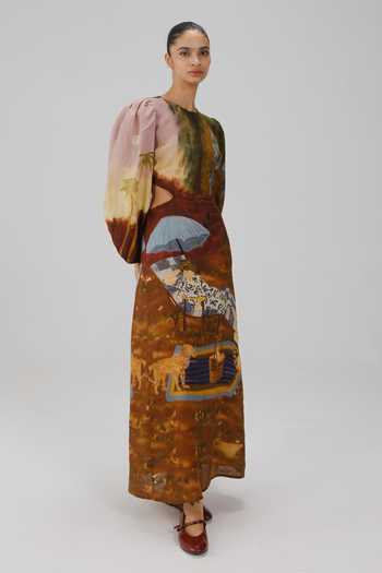 Cord_Multi Color Linen Round Neck Euro Lakeside Print Long Dress _at_Aza_Fashions