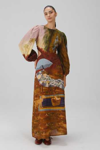 Buy_Cord_Multi Color Linen Round Neck Euro Lakeside Print Long Dress 