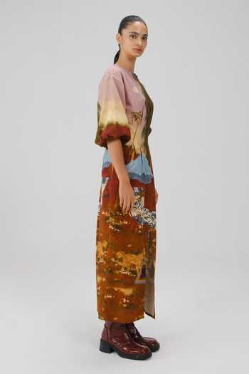 Cord_Multi Color Cotton, Crinkle Round Neck Lakeside Print Shaft Dress _Online_at_Aza_Fashions