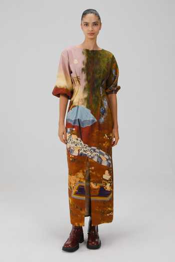 Buy_Cord_Multi Color Cotton, Crinkle Round Neck Lakeside Print Shaft Dress _Online_at_Aza_Fashions