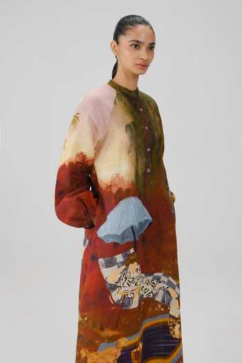 Cord_Multi Color Linen Mandarin Collar Goa Lakeside Print Dress _Online_at_Aza_Fashions