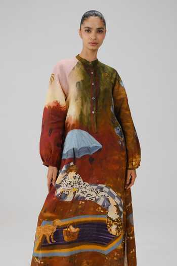 Shop_Cord_Multi Color Linen Mandarin Collar Goa Lakeside Print Dress _Online_at_Aza_Fashions