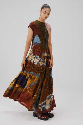 Cord_Multi Color Cotton Smocking Round Neck July Lakeside Print Dress _Online_at_Aza_Fashions