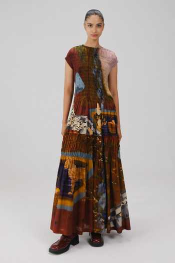 Buy_Cord_Multi Color Cotton Smocking Round Neck July Lakeside Print Dress _Online_at_Aza_Fashions