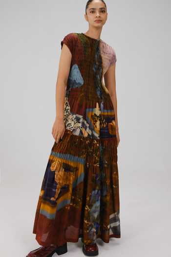 Shop_Cord_Multi Color Cotton Smocking Round Neck July Lakeside Print Dress _Online_at_Aza_Fashions