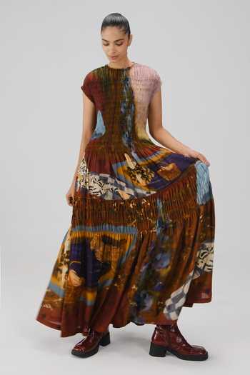 Cord_Multi Color Cotton Smocking Round Neck July Lakeside Print Dress _at_Aza_Fashions