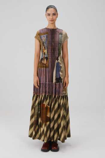 Cord_Multi Color Cotton Smocking Round Neck July Living Room Print Dress _Online_at_Aza_Fashions