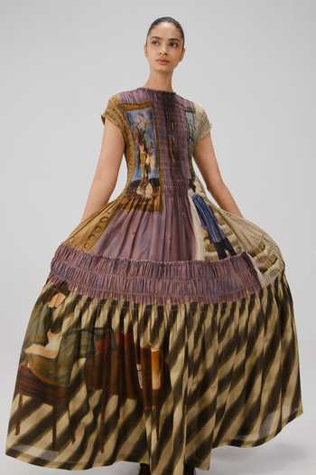 Shop_Cord_Multi Color Cotton Smocking Round Neck July Living Room Print Dress _Online_at_Aza_Fashions