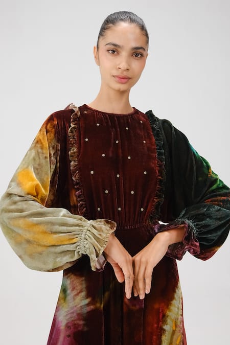 Buy Cord Multi Color Velvet Beads Round Neck Alice X-ray Print Dress Buy_Cord_Multi Color Velvet Beads Round Neck Alice X-ray Print Dress