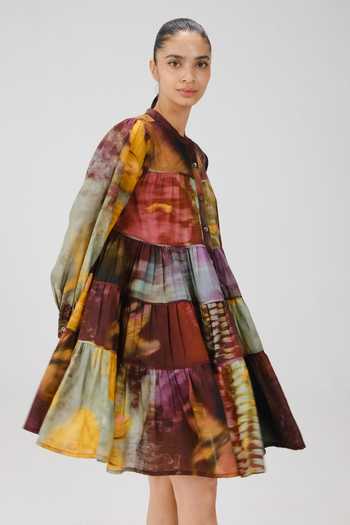 Cord_Multi Color Cotton Mandarin Collar Tier X-ray Print Dress _Online_at_Aza_Fashions