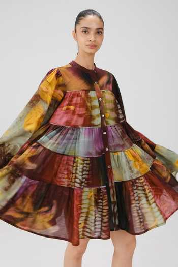 Buy_Cord_Multi Color Cotton Mandarin Collar Tier X-ray Print Dress _Online_at_Aza_Fashions