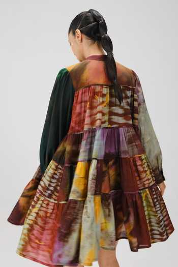 Shop_Cord_Multi Color Cotton Mandarin Collar Tier X-ray Print Dress _Online_at_Aza_Fashions