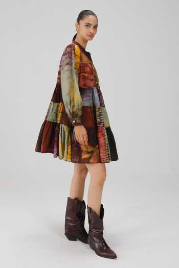 Cord_Multi Color Cotton Mandarin Collar Tier X-ray Print Dress _at_Aza_Fashions