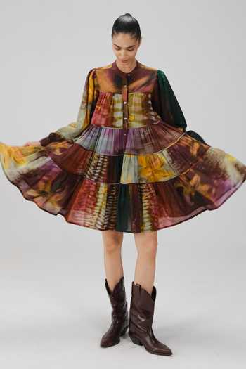 Buy_Cord_Multi Color Cotton Mandarin Collar Tier X-ray Print Dress 