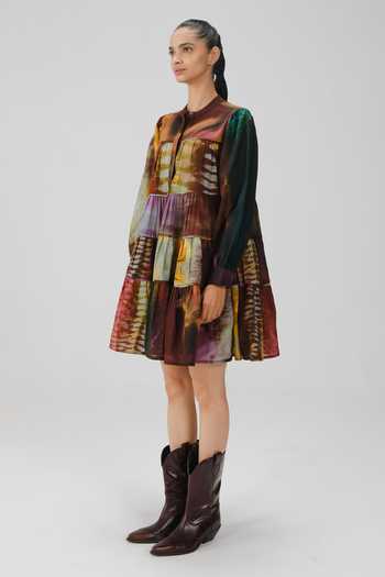 Shop_Cord_Multi Color Cotton Mandarin Collar Tier X-ray Print Dress 