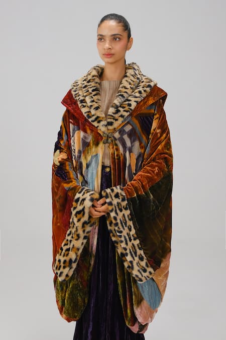 Shop Cord Multi Color Velvet, Fur Gatsby Lakeside Print Coat Online at Aza Fashions Shop_Cord_Multi Color Velvet, Fur Gatsby Lakeside Print Coat _Online_at_Aza_Fashions