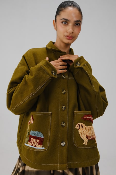 Cord_Olive Green Wool Embroidery Collared Ava Countryside Jacket _Online_at_Aza_Fashions