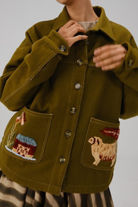Buy_Cord_Olive Green Wool Embroidery Collared Ava Countryside Jacket _Online_at_Aza_Fashions