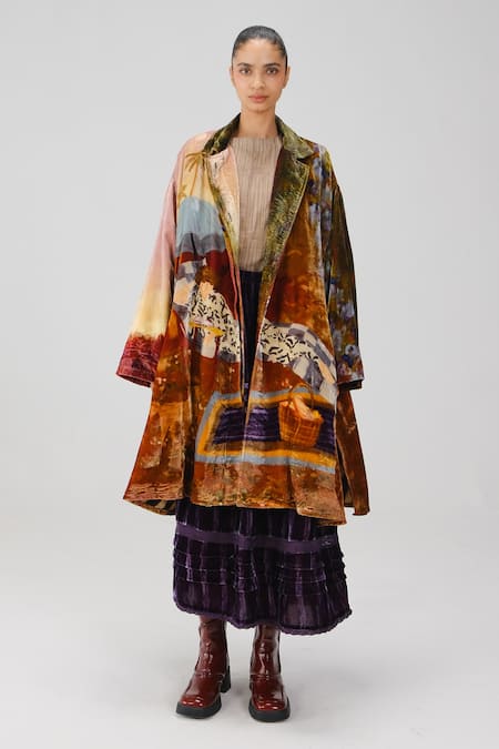 Cord_Multi Color Velvet Seoul Lakeside Print Overcoat _Online_at_Aza_Fashions