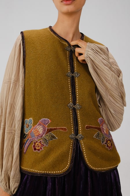 Cord_Multi Color Wool Round Neck Parrot Embroidered Vest _Online_at_Aza_Fashions