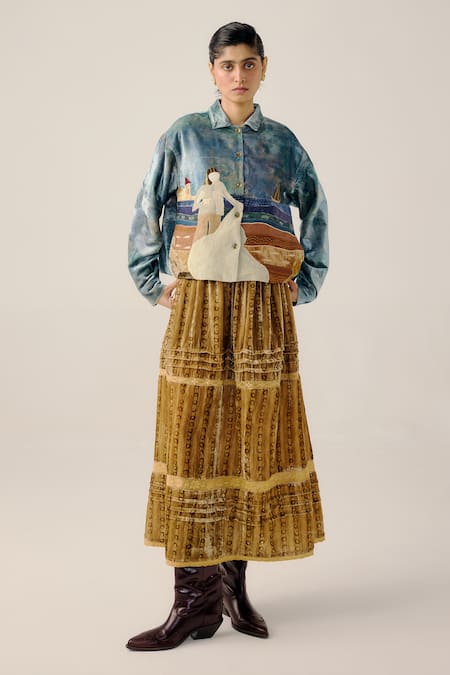 Cord Boxy Seashore Applique Jacket & Skirt Set 