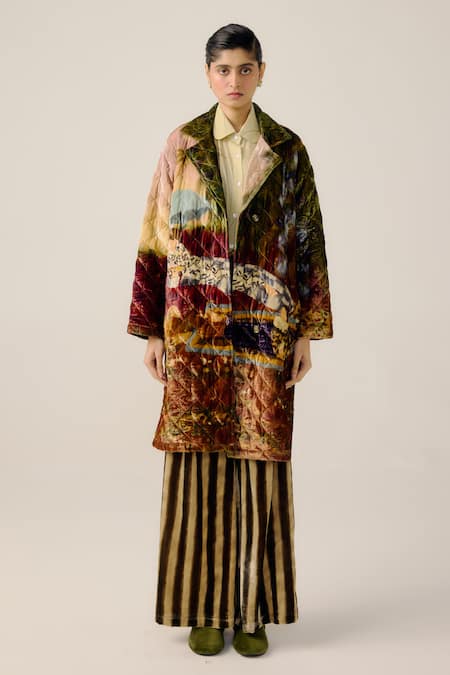 Cord_Multi Color Velvet Notched Neck Norma Lakeside Print Jacket And Pant Set _Online_at_Aza_Fashions