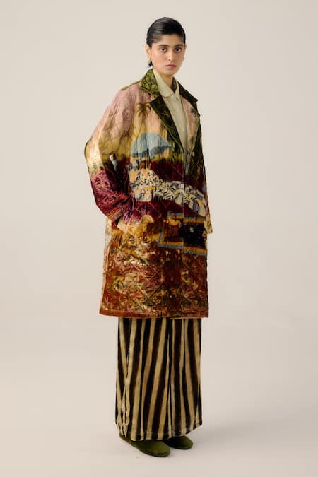 Buy_Cord_Multi Color Velvet Notched Neck Norma Lakeside Print Jacket And Pant Set _Online_at_Aza_Fashions