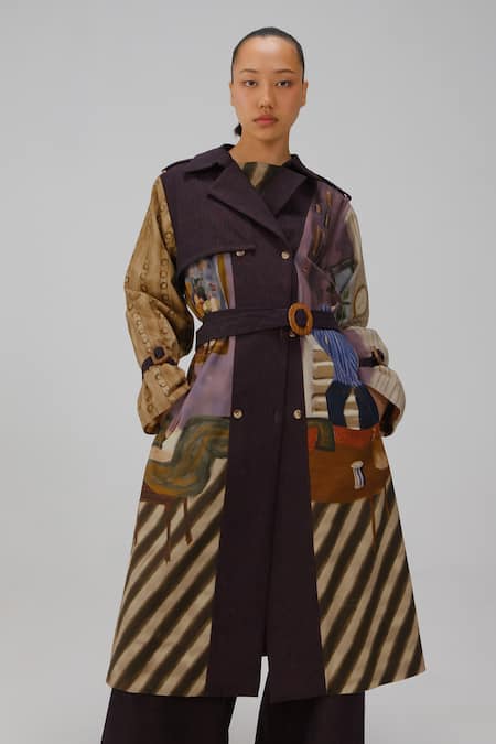 Cord Living Room Print Denim Trench Coat 