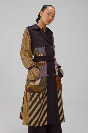 Shop Cord Multi Color Denim, Twill Living Room Print Trench Coat Online at Aza Fashions Shop_Cord_Multi Color Denim, Twill Living Room Print Trench Coat _Online_at_Aza_Fashions