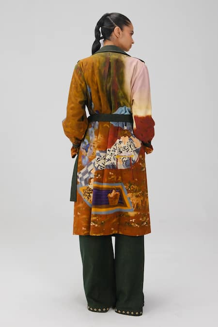 Cord Lakeside Print Denim Trench & Pant Set 