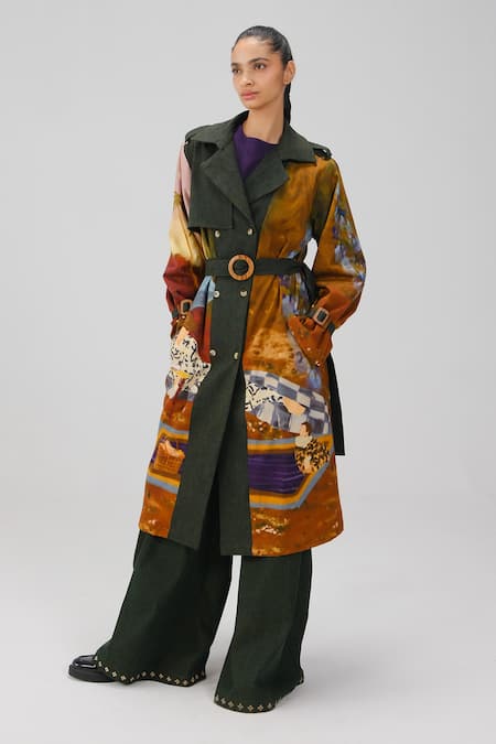 Cord Lakeside Print Denim Trench & Pant Set 