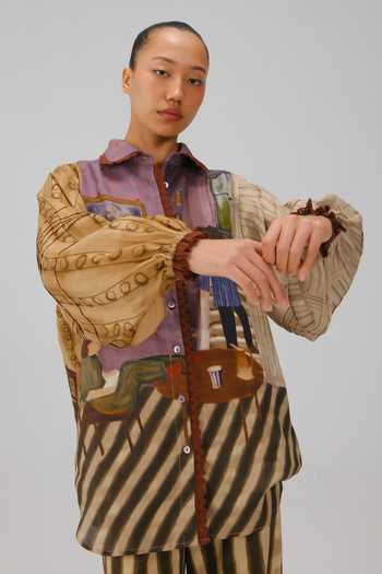 Cord_Multi Color Linen Lace Collared Moira Living Room Print Shirt _at_Aza_Fashions