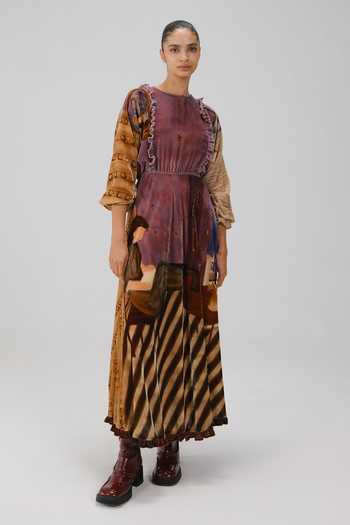 Cord_Multi Color Velvet Beads, Ruffles Round Neck Alice Living Room Print Dress _Online_at_Aza_Fashions
