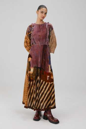 Buy_Cord_Multi Color Velvet Beads, Ruffles Round Neck Alice Living Room Print Dress _Online_at_Aza_Fashions