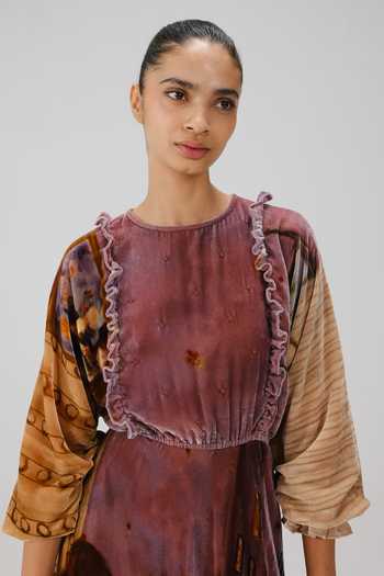 Shop_Cord_Multi Color Velvet Beads, Ruffles Round Neck Alice Living Room Print Dress _Online_at_Aza_Fashions