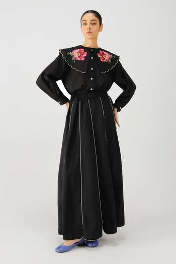 Cord_Black Linen Embroidery Collared Julia Rose Placement Top _at_Aza_Fashions