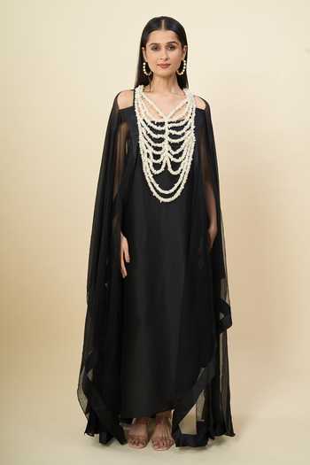 Buy_Anamika Khanna_Black Square , Open Beaded Embroidered Cape And Dress Set _Online_at_Aza_Fashions