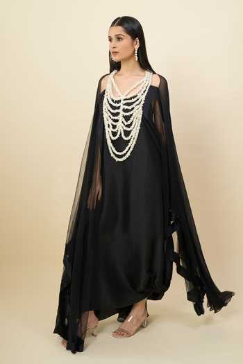 Shop_Anamika Khanna_Black Square , Open Beaded Embroidered Cape And Dress Set _Online_at_Aza_Fashions