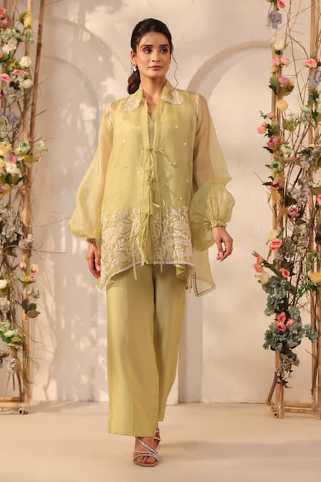 Buy_Label Niti Bothra_Green Silk, Organza, Tencel Embroidery, Pearls, Applique Jacket And Pant Set _Online_at_Aza_Fashions