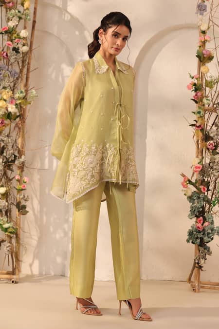 Shop_Label Niti Bothra_Green Silk, Organza, Tencel Embroidery, Pearls, Applique Jacket And Pant Set _Online_at_Aza_Fashions