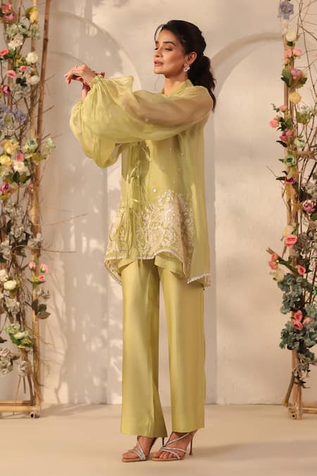 Label Niti Bothra_Green Silk, Organza, Tencel Embroidery, Pearls, Applique Jacket And Pant Set _at_Aza_Fashions