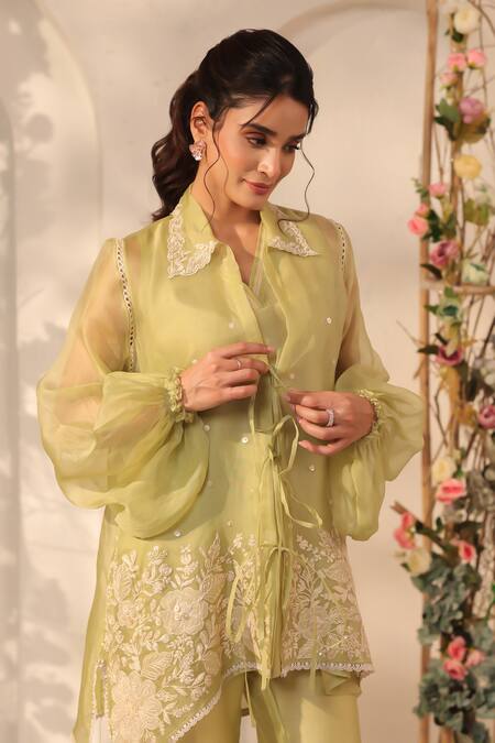 Buy_Label Niti Bothra_Green Silk, Organza, Tencel Embroidery, Pearls, Applique Jacket And Pant Set 