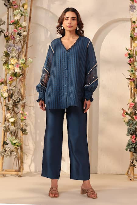 Label Niti Bothra Dark Blue V Neck Top & Pant Set 