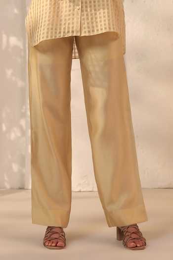 Label Niti Bothra Beige Silk, Chanderi, Tencel Lace V-neck V Top And Pant Set Online at Aza Fashions Label Niti Bothra_Beige Silk, Chanderi, Tencel Lace V-neck V Top And Pant Set _Online_at_Aza_Fashions