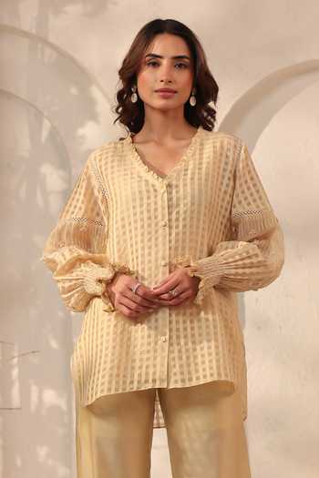 Buy Label Niti Bothra Beige Silk, Chanderi, Tencel Lace V-neck V Top And Pant Set Online at Aza Fashions Buy_Label Niti Bothra_Beige Silk, Chanderi, Tencel Lace V-neck V Top And Pant Set _Online_at_Aza_Fashions