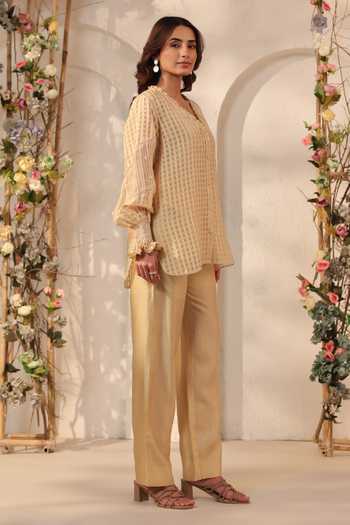 Shop_Label Niti Bothra_Beige Silk, Chanderi, Tencel Lace V-neck V Top And Pant Set _Online_at_Aza_Fashions