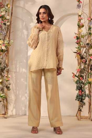 Label Niti Bothra_Beige Silk, Chanderi, Tencel Lace V-neck V Top And Pant Set _at_Aza_Fashions